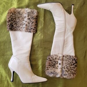 Vintage Prialpas Gomma White Cheetah Faux Fur-Trimmed Women's Boots 9.5